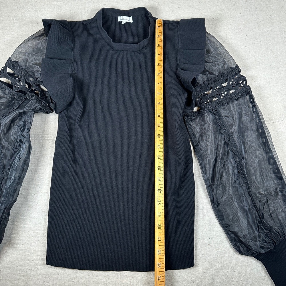 Black Ribbed Knit Top Avant Garde XL Sheer Lace Eyelet Puff Sleeve Ruffle State - Picture 6 of 6